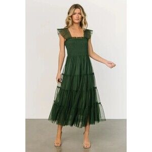 Baltic Born Green Emma Smocked Tulle Tiered Midi Dress Ruffle Boho Size M